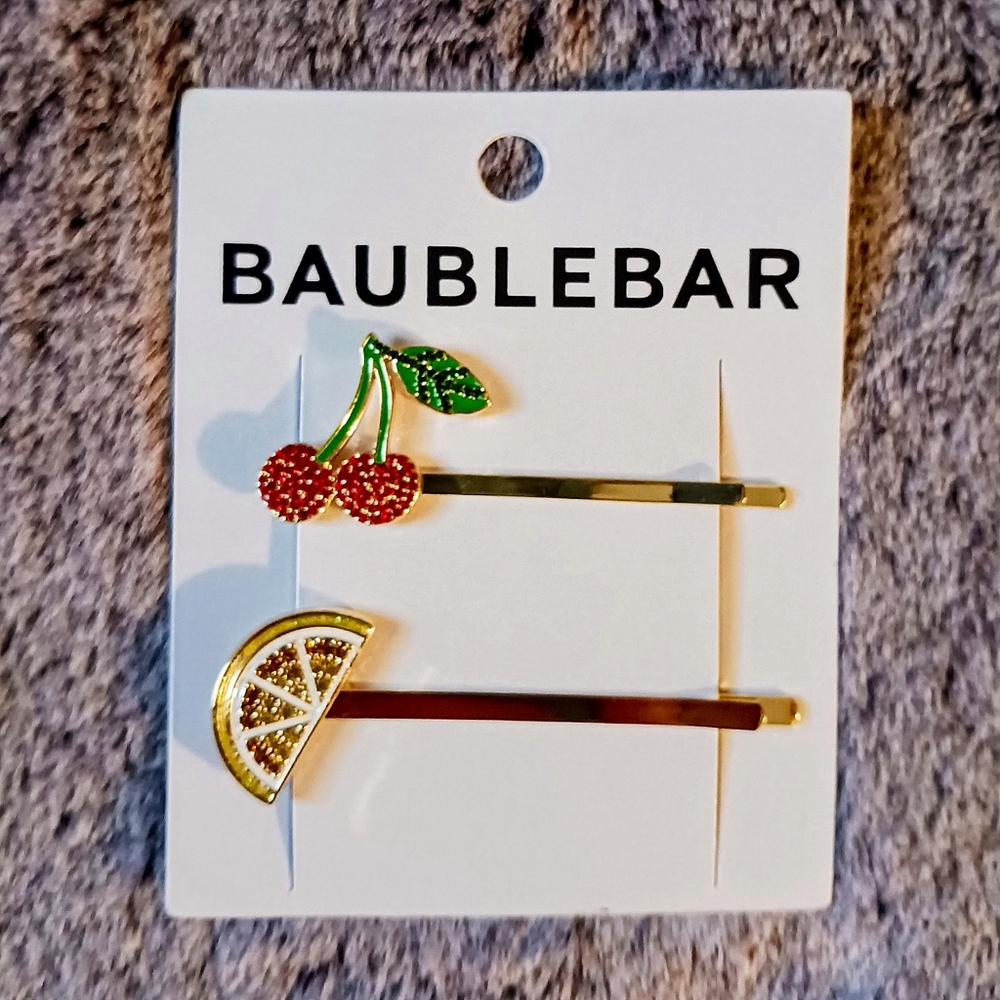 BaubleBar Anika Gold Hair Pin 2 Piece Set Sparkly Cherry Lemon Rhinestones *NWTs